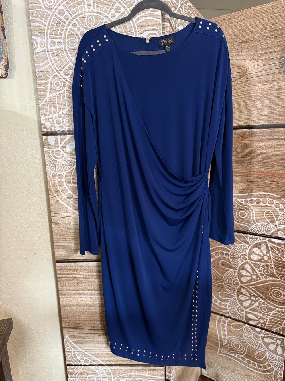Thalia Sodi Royal Blue Draped Long-Sleeve Stud Detail Dress